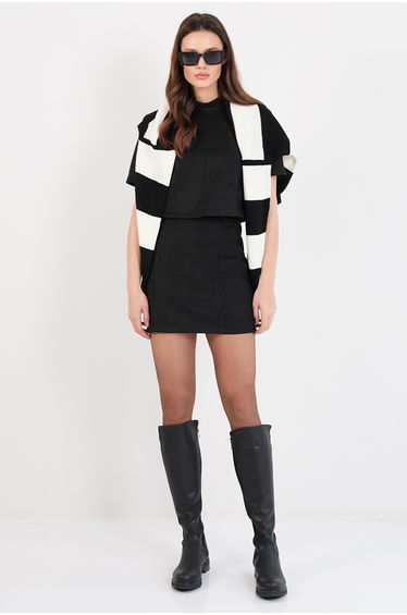 Women's Black Mock Neck Stitch Detail Short Sleeve Suede Blouse and Mini Skirt Set