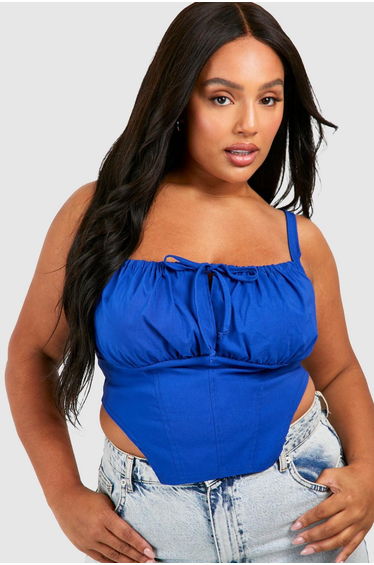 Plus Tie Front Milkmaid Corset Top - cobalt