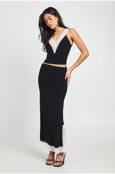 Contrast Lace Trim Split Hem Midi Skirt - black