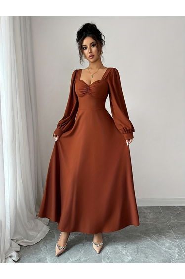 Brown Solid Sweetheart Neck A-Line Maxi Dress