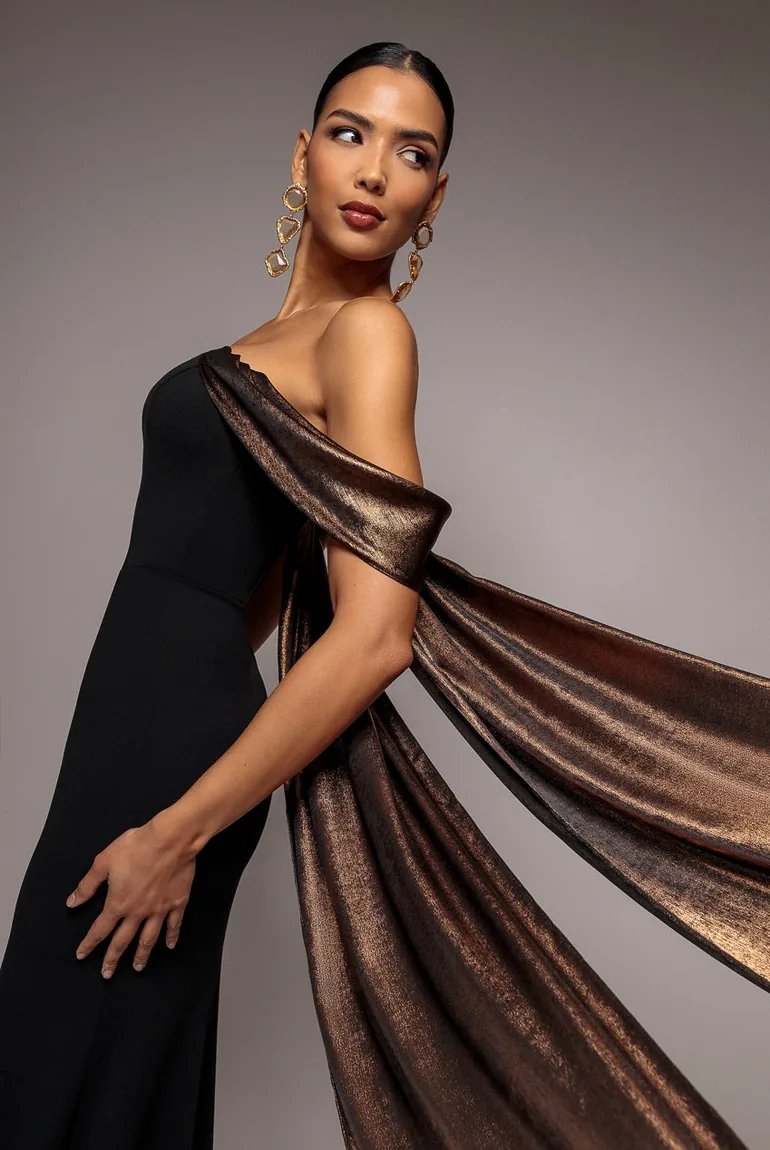 Off The Shoulder Mirror Foil Angel Wing Cape Maxi Dress - Black by Goddiva - 5