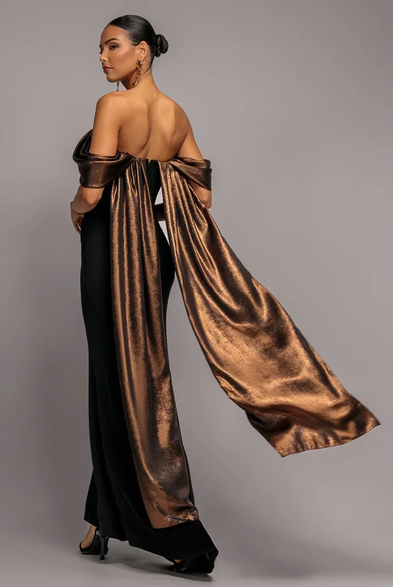 Off The Shoulder Mirror Foil Angel Wing Cape Maxi Dress - Black by Goddiva - 3