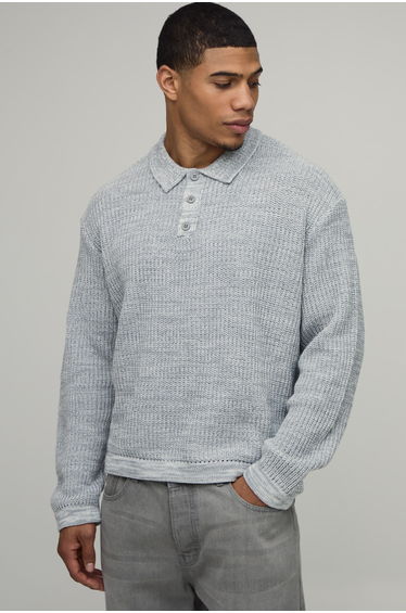 Oversized Boxy Fisherman Rib Marl Knitted Polo - grey