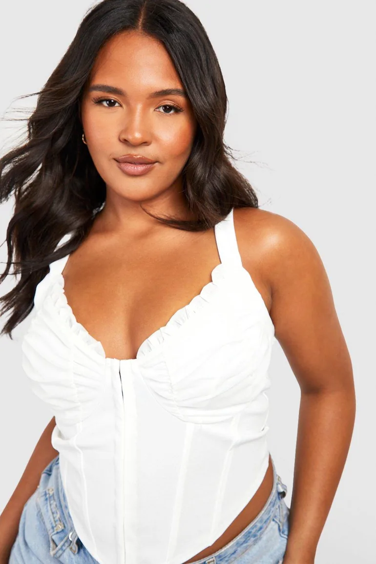 Plus Hook And Eye Ruched Cup Corset Top - white - 3