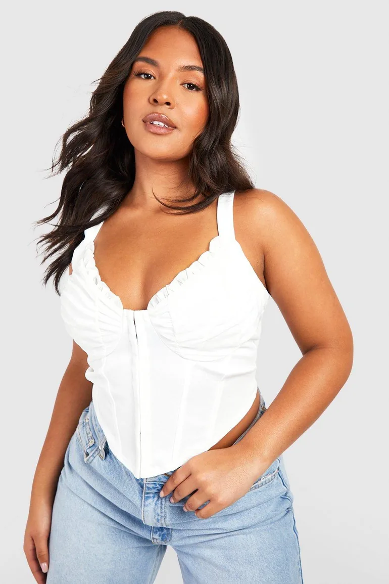 Plus Hook And Eye Ruched Cup Corset Top - white