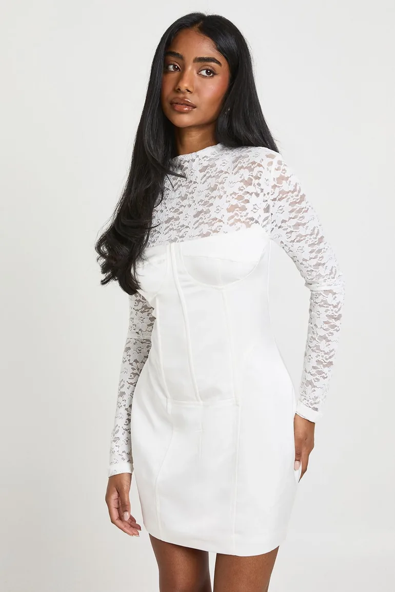 Lace High Neck Corset Mini Dress - white - 1