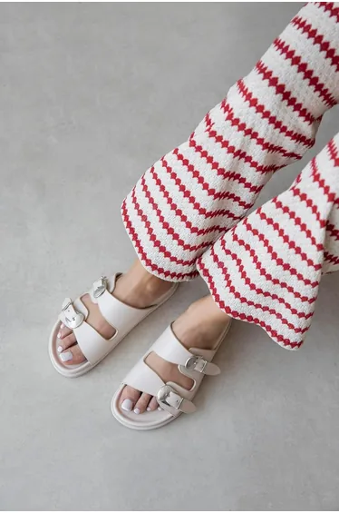 Orban Women's Buckle Detail Daily Comfort Leather Slippers Beige