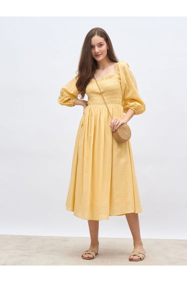 Women Yellow Smocked Midi Dress