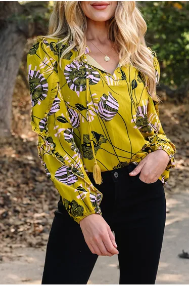 Lvness Yellow Vintage Floral V Neck Ruffle Trim Long Sleeve Blouse