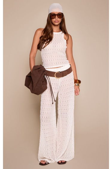 White Floral Textured Drawstring Wide Leg Trousers