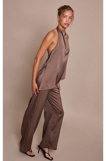 Mushroom Satin Draped Halterneck Wide Leg Jumpsuit