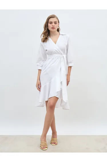 Plain Shirt Collar Wrap Midi Dress