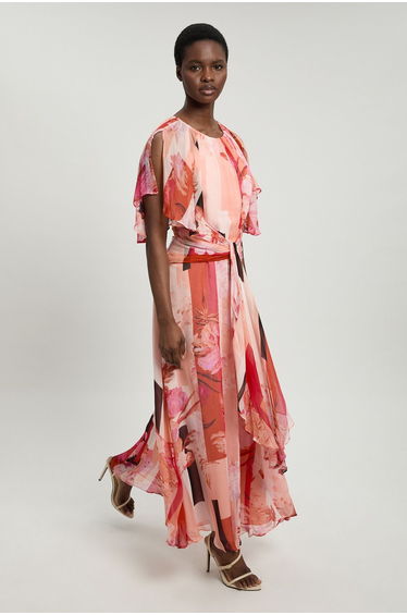 Georgette Cape Sleeve Ruffle Floral Print Woven Maxi Dress