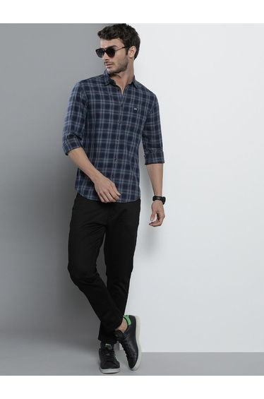 Navy Blue Checked Slim Fit Shirt