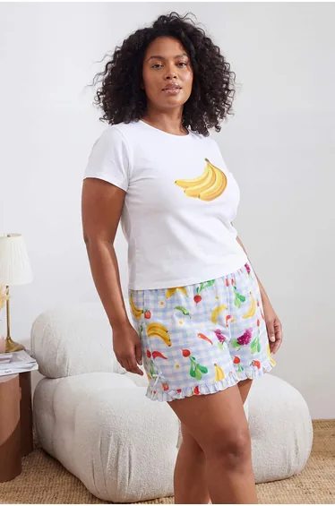 White-Blue Banana Printed Fruit Patterned Knitted Large Size Pajama Set