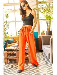 Women's Orange Belted Woven Viscon Palazzo Trousers - 1
