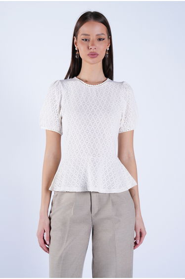Women's White Crew Neck Openwork Blouse