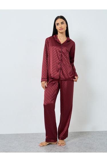 Satin Polka Dot Jacquard Shirt and Straight Leg Pyjama Set