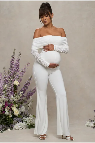 White Maternity Ruched Mesh Bardot Jumpsuit