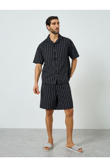 Men Black Striped Cotton Shirt and Shorts Set