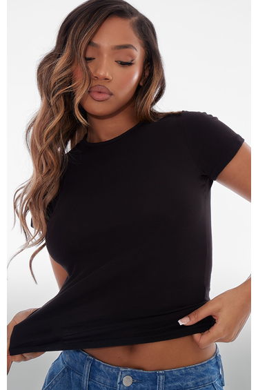Black Cotton Crew Neck Longline Short Sleeve T-shirt