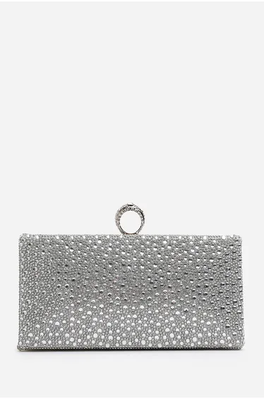 Reve Silver Crystal Embellished Clutch Bag With Ring Handle
