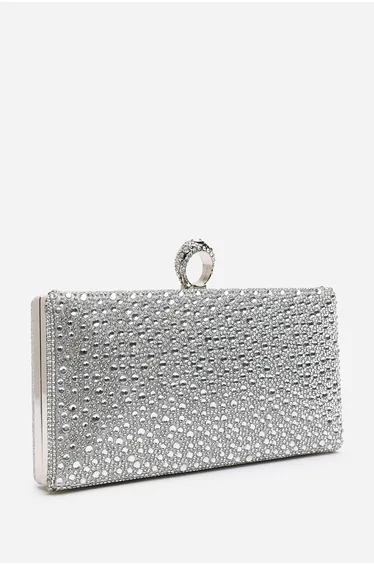 Reve Silver Crystal Embellished Clutch Bag With Ring Handle