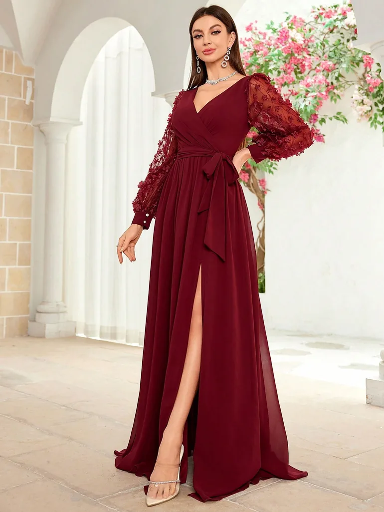 Leely Elegant V Neck Bishop Sleeve Chiffon Party Dress - 5