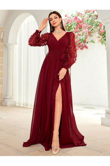 Leely Elegant V Neck Bishop Sleeve Chiffon Party Dress