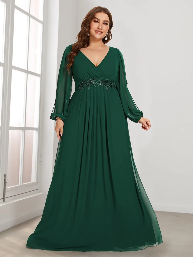 pretty AMOUR|Stylish Plus Size Chiffon Formal Evening Dresses with Long Lantern Sleeves - 2