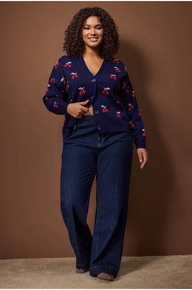 Navy blue cherry patterned v-neck crop knit cardigan