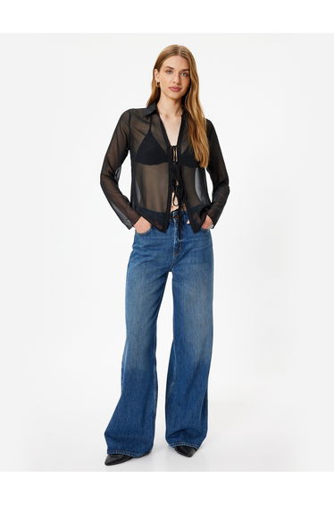 Tulle Transparent Shirt with Front Tie Detail Long Sleeve