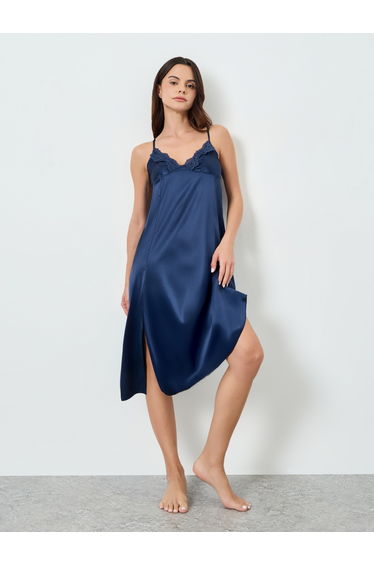 Navy Blue Satin Slip Dress with Lace Trim