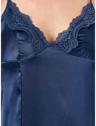 Navy Blue Satin Slip Dress with Lace Trim - 2