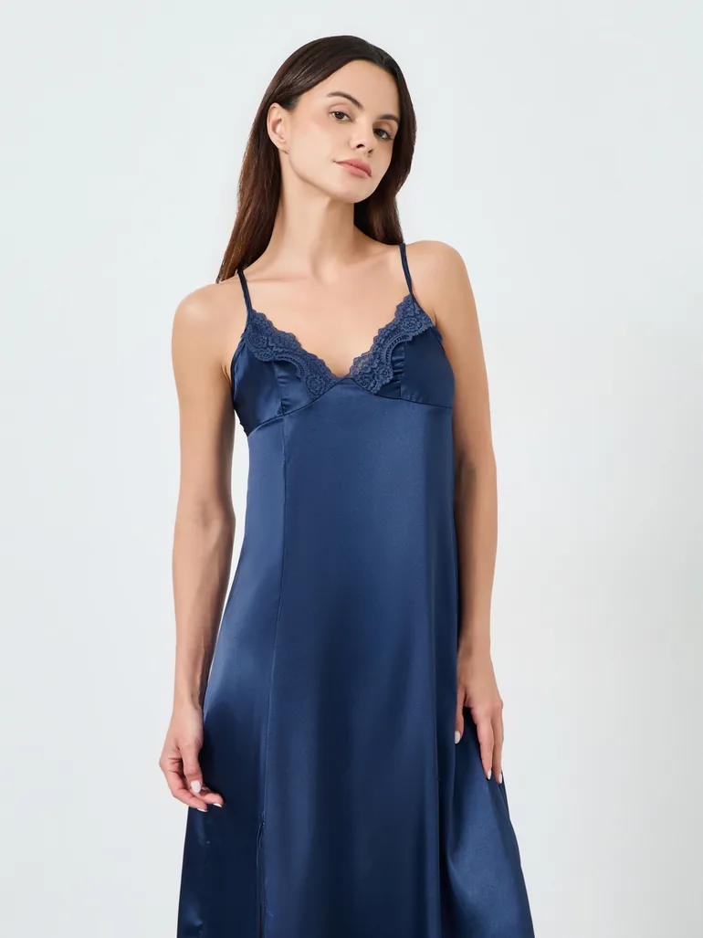 Navy Blue Satin Slip Dress with Lace Trim - 1
