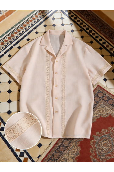 Men Beige Lace-Insert Short Sleeve Shirt