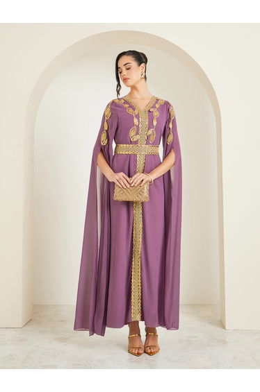 Women Purple Embroidered Belted Kaftan