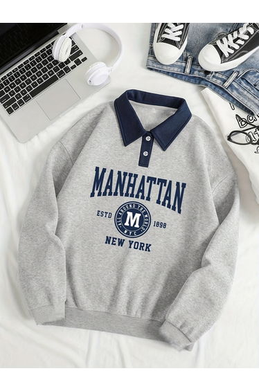 Grey Manhattan Print Polo Neck Sweatshirt