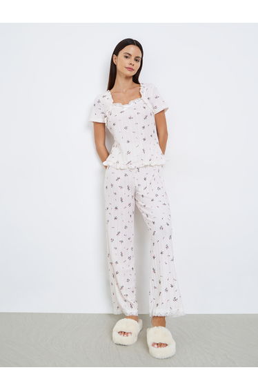 Textured Ditsy Floral Lettuce Hem Bolero Sleeve Top and Pyjama Set