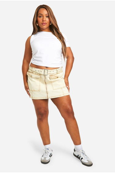 Plus Washed Denim Belt Mini Skirt - sand