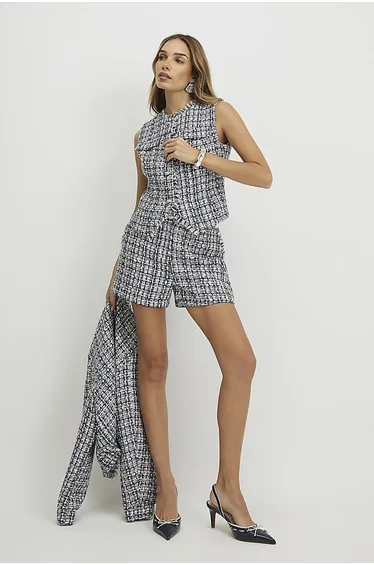 Blue Sleeveless Boucle Fringed Waistcoat