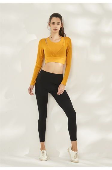 Fake Two-Piece Sleeves Cropped Sports Top in Orange