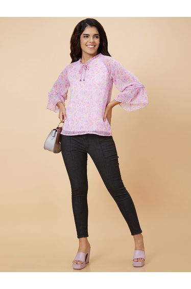 Purple Floral Print Tie-Up Neck Top