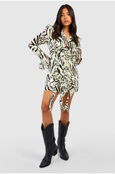 Petite Zebra Ruffle Boho Mini Dress - ivory