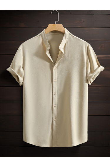 Men Beige Mandarin Collar Short Sleeve Shirt