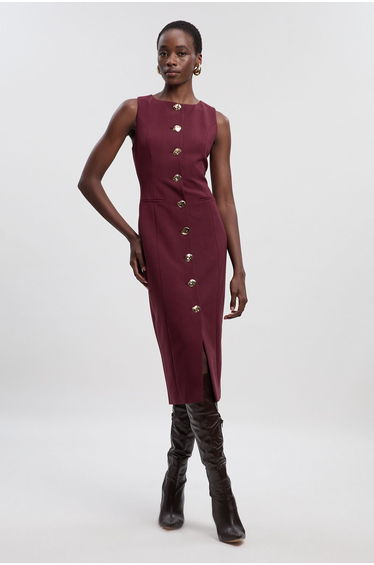 Compact Essential Button Pencil Midi Dress