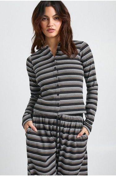 Stripe Rib Button Through Long Sleeve Top - black