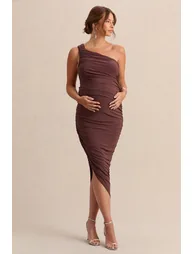Late Night | Brown Maternity Ruched One Shoulder Midi Dress