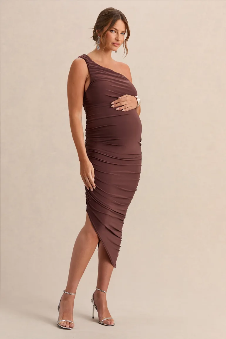 Late Night | Brown Maternity Ruched One Shoulder Midi Dress - 3