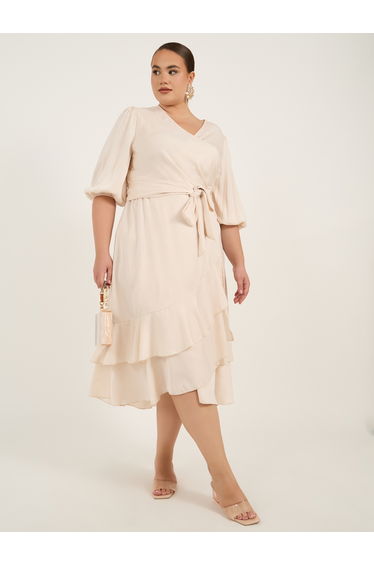 Plus Size Balloon Sleeve Wrap Midi Dress